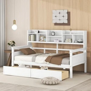 Daybed with bedside shelves and 2 drawers, wooden slats support, moder - Picture 1 of 7