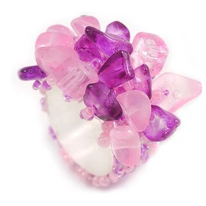 Pink/Purple Glass Bead and Glass Stone Cluster Band Style Flex Ring/ Size M - Picture 1 of 6