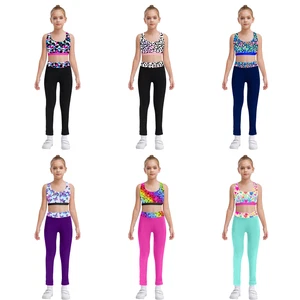 Kids Girls Set Running Outfit Tracksuit Suit Dance Athletic Fitness Activewear - Picture 1 of 45