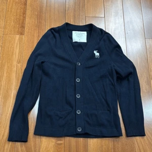 Abercrombie & Fitch Men’s Button Up Cardigan Navy Blue Wool Blend Moose Logo M - Picture 1 of 8