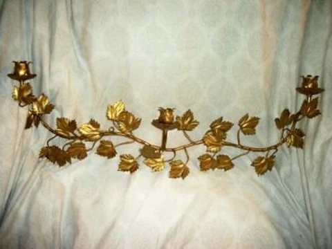 ITALIAN TOLE GILT IRON LEAF TRIPLE CANDLE SCONCE LAMP CAN BE WIRED MID CENTURY Cover