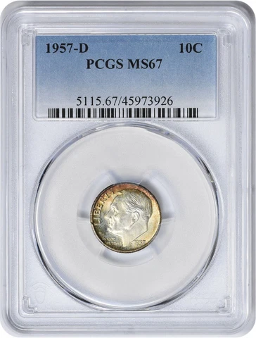 1957-D Roosevelt Silver Dime MS67 PCGS Toned Cover