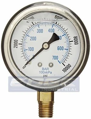 LIQUID FILLED PRESSURE GAUGE 0-10,000 PSI 2.5" FACE 1/4" NPT LOWER MOUNT WOG - Image 1 of 4