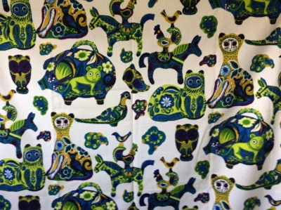 DESIGN EVERFAST fabric FOLK ART ANIMALS  print 56" x 5.7 yds cat pig birds horse - Image 1 of 4