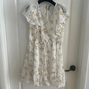 Feathers XL Tea-Length Dress Yellow Floral Ruffle Boho Romantic Sleeveless VNeck - Picture 1 of 9
