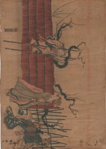 Estampado en madera japonés del siglo XIX de hombre sobre zancos y dos geishas firmado - Imagen 1 de 5