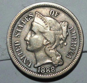 1888 Three Cent Piece Nickel Cleaned  {{{3776 - Picture 1 of 4