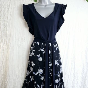 Phase Eight Floral Navy Blue Lace Long MAXI Holiday Occasion DRESS SIZE 16 - Picture 1 of 7