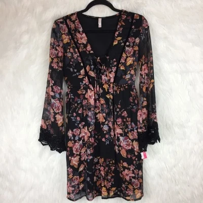 NWT Xhilaration Black Floral Bell Sleeve Faux Wrap Dress Womens Size XS  - Image 1 of 4