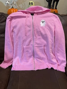 Pink Halloween (Ghost)Zippered Hooded Sweatshirt With Pockets Women’s Large - Picture 1 of 14