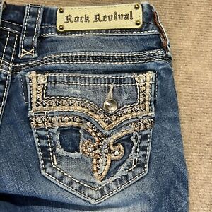 Rock Revival Betty Straight Leg Jeans Womens 25 Blue Stretch Bling Measure 27x31