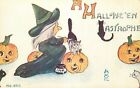 Owen Halloween Postcard Witch Painting a White Cat Black on Jack-o-Lantern