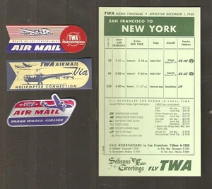 TWA 1960 TIMETABLE,  3 ETIQUETTE POSTER STAMPS  NY NEW YORK to San franc CA - Picture 1 of 2