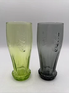 Vtg Coca-Cola Bottle Cap Shaped Drinking Glasses Set Of 2 Rare Gray & Green - Picture 1 of 12