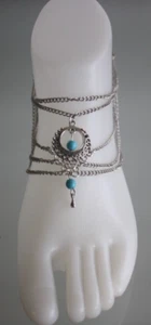 Silver Antique Look Boho Ankle Bracelet Turquoise Beads Layered Chains NWT - Picture 1 of 5