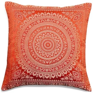 Orange Indian Mandala Cushion Covers Boho Art Silk ethnic Banarsi 40 x 40 cms - Picture 1 of 5
