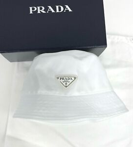 Prada Nylon Technical Bucket Hat Tessuto Triangle Logo Cap White Size M