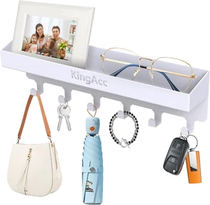 Decorative Wall Key Holder Mail Organizer Adhesive Rack with Tray 6 Hooks, White - Picture 1 of 14