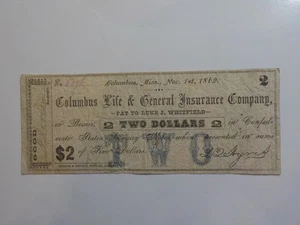 Civil War Confederate 1862 2 Dollar Bill Columbus Life & General Insurance Co.  - Picture 1 of 2