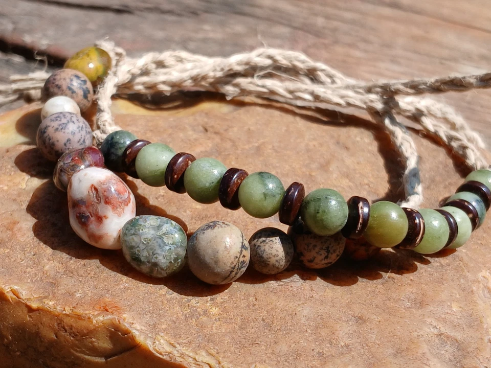 Pulsera Tobillera Cáñamo Unisex Set Océano Jaspe Ágata Jade Africano Estados Unidos Foto 1 de 4