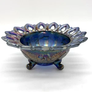 Northwoods Carnival Glass "Florentine"  Blue Iridescent Open Edge Wild Rose Bowl - Picture 1 of 11