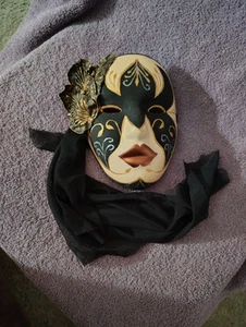Vintage Unique Mardi Gras Style Ceramic Black, Gold, & White Face Mask - Picture 1 of 6