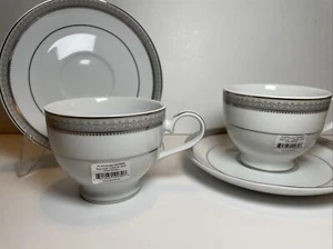 NEW Mikasa Platinum Crown Silver Detail Fine China, 2 Footed Cups And Saucers - Picture 1 of 11