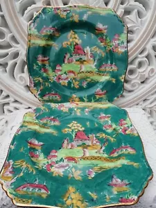 Antique Pair 1932 Royal Winton Grimwades Square Luncheon Plates Green Peking - Picture 1 of 8
