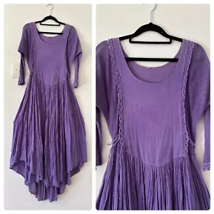 80's Vintage Purple cotton laceup dress w MESH sleeves S - Picture 1 of 9