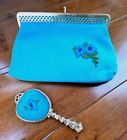 Vintage 60's Blue Cloth Clutch Purse Embroidered Flowers Matching Mirror 8.5"