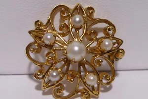 Stunning 14k Solid Gold Pearl Brooch Pin Branch Leaves Unique Fabulous Vintage - Picture 1 of 8