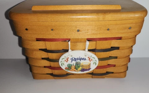 Vintage Longaberger Recipe Basket with Wood Lid and Liner Recipe Box Cover
