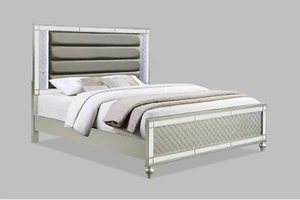 Luxury 1Pc King Size Panel Upholstery Bed Champagne Finish White Blue LED Light - Picture 1 of 5