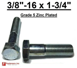 3/8-16 x 1-3/4" (PT) Hex Bolt Zinc Plated Grade 5 Cap Screw Coarse Thread - Picture 1 of 9