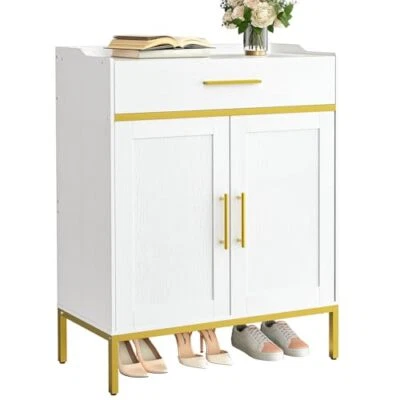  Armario de almacenamiento de zapatos, zapatero estrecho, zapatero de almacenamiento blanco + dorado Foto 1 de 4