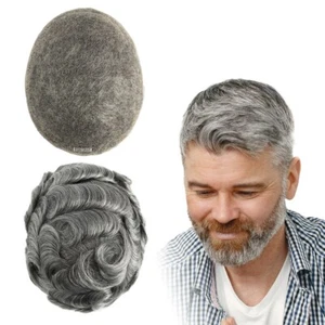 Mens Toupee French Lace Human Hair System Medium Density Grey Hair Pieces #1B65 - Picture 1 of 9