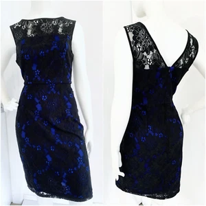 TEABERRY DRESS Black LACE electric blue underlay 10 fitted sheer back & shoulder - Picture 1 of 12