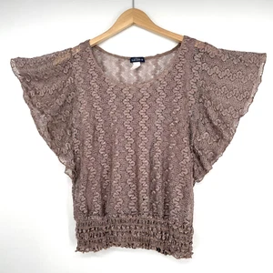 Lavish Top Blouse Lace Knit V-Neck Size M Mauve Lined Cinched Boho Ruffle Sleeve - Picture 1 of 7