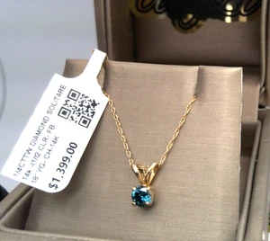 COLLANA PENDENTE SOLITARIO diamante BLU FANTASIA CERTIFICATO $1400 oro giallo 14k! - Foto 1 di 12