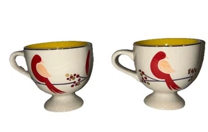 2 Anthropologie Footed Cafe Latte Coffee Mug Tea Cups Yellow Pink Red Gold Bird - Picture 1 of 11