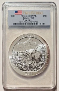 2011 5 OZ. .999 SILVER 25C GLACIER PCGS MS69PL FIRST STRIKE COMMEMORATIVE COIN - Picture 1 of 2