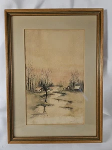 Acquerello vintage paesaggio invernale splendidamente opaco e incorniciato 13,75 x 9,75" - Foto 1 di 9