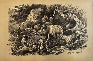 Litografía Duotono Original Coup De Grace 1892, Caza de Jabalíes, Perros - Imagen 1 de 1