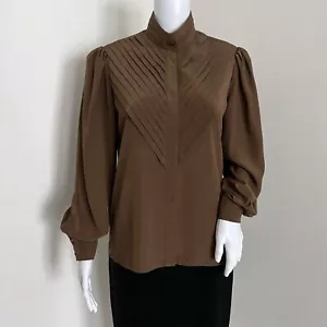 Vintage Louis Feraud Women's Blouse Size 34 2 Brown High Neck Pleats Long Sleeve - Picture 1 of 9