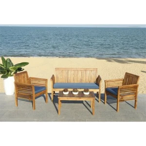 Safavieh Carson 4 Piece Patio Sofa Set in Teak Brown and Navy - Picture 1 of 2