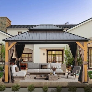 12'x14' Hardtop Gazebo Cedar Wood Frame Outdoor Permanent Pavilion w/Curtains - Picture 1 of 7