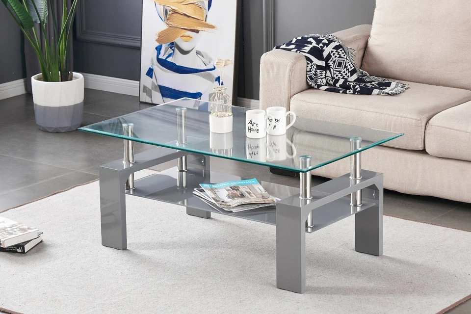 Coffee Table Clear Glass Top with Grey Shelf and Grey High Gloss Legs Modern - Image 1 of 4