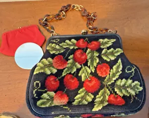 Vintage Handbag Needlepoint Black Wool Red Cherries Lined Change Purse & Mirror - Picture 1 of 19