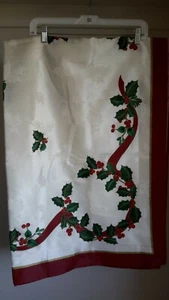 Christmas Tablecloth Topper Embroidered Holiday Holly Leaf Red Ribbon 86x60" EUC - Picture 1 of 8