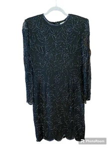 Papell Boutique Evening Dress Black Size 10 Silk Beaded Vintage Cocktail Party - Picture 1 of 15